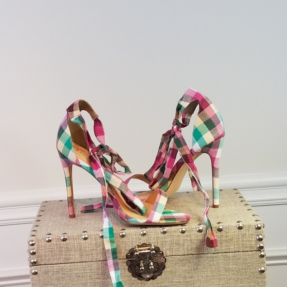 She's Ready Plaid Ribbon Lace Tie Heels